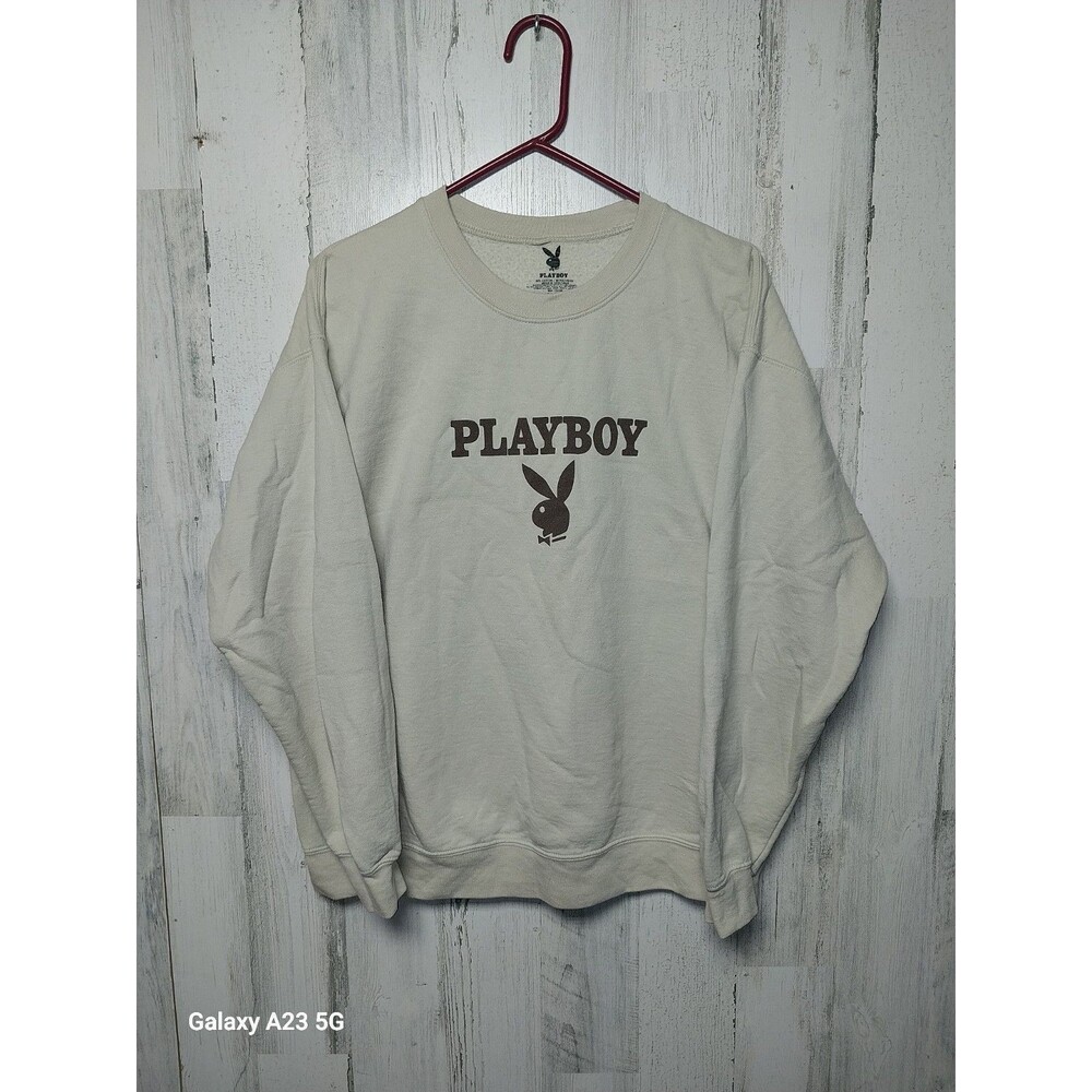 Playboy Beige Pullover Long Sleeve Crewneck Sweatshirt Large